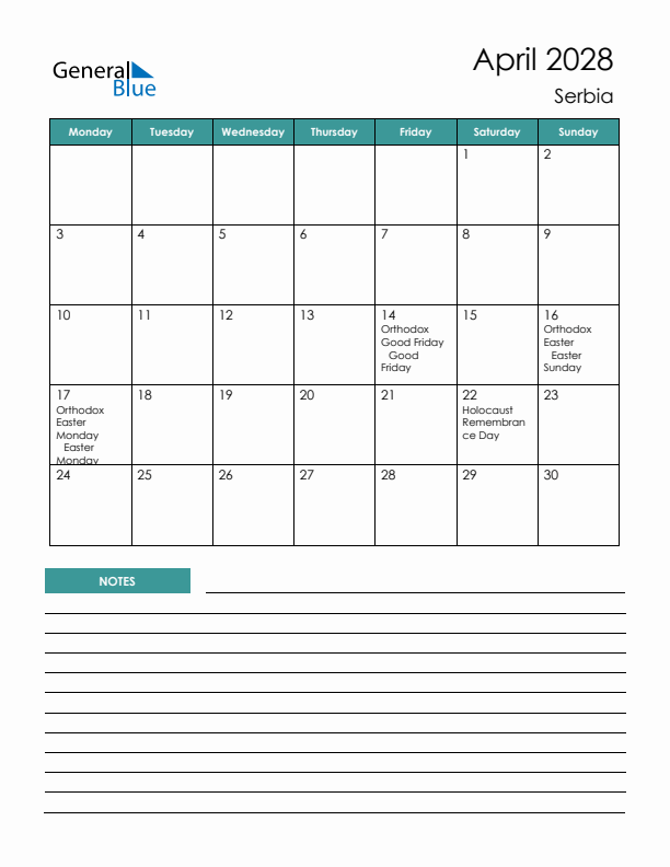 Calendar with Notes Printable - Monday Start