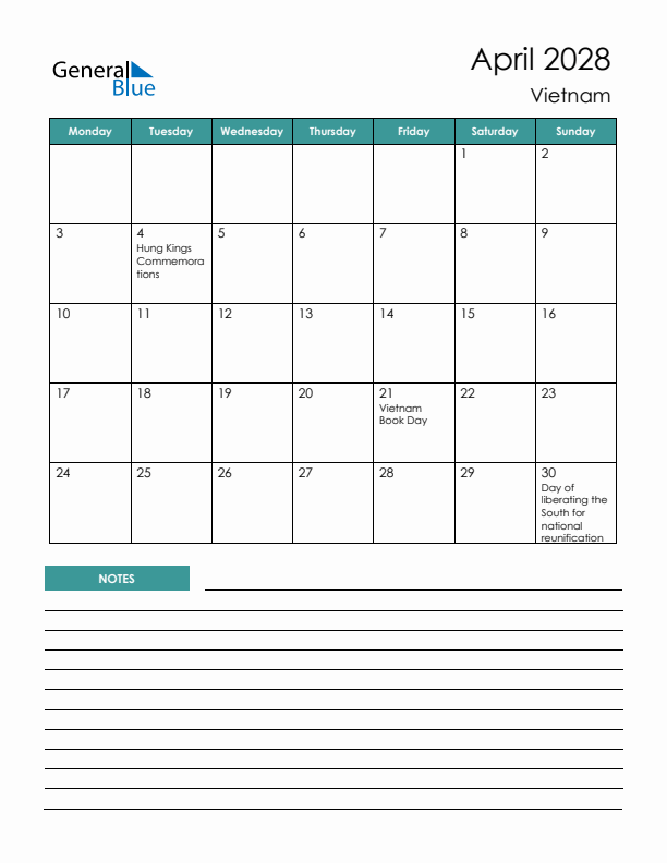 Calendar with Notes Printable - Monday Start