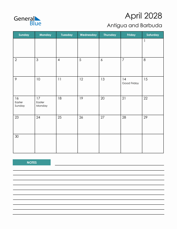 Calendar with Notes Printable - Sunday Start