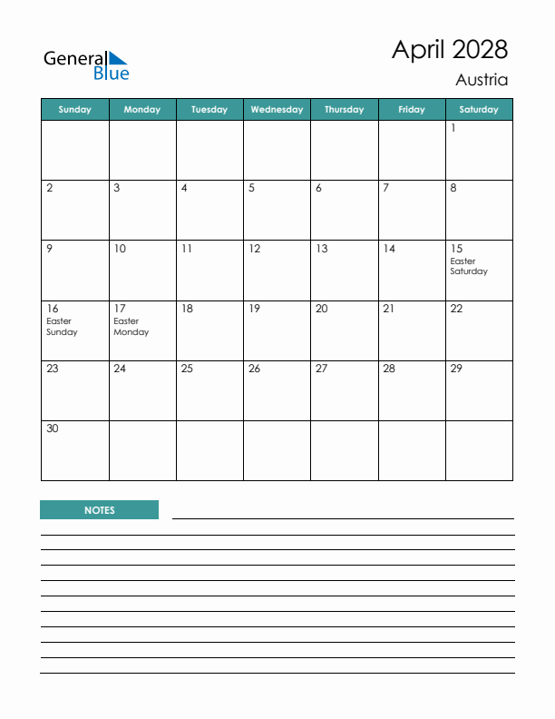 Calendar with Notes Printable - Sunday Start