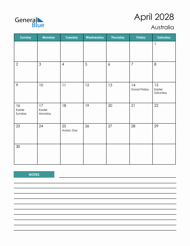 Calendar with Notes Printable - Sunday Start