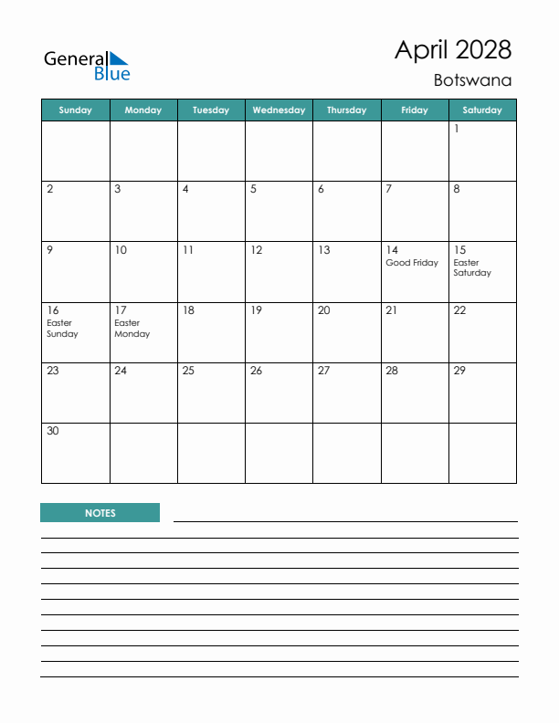 Calendar with Notes Printable - Sunday Start