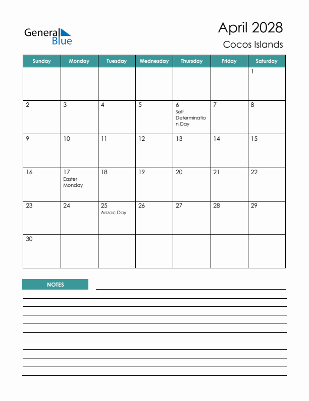 Calendar with Notes Printable - Sunday Start