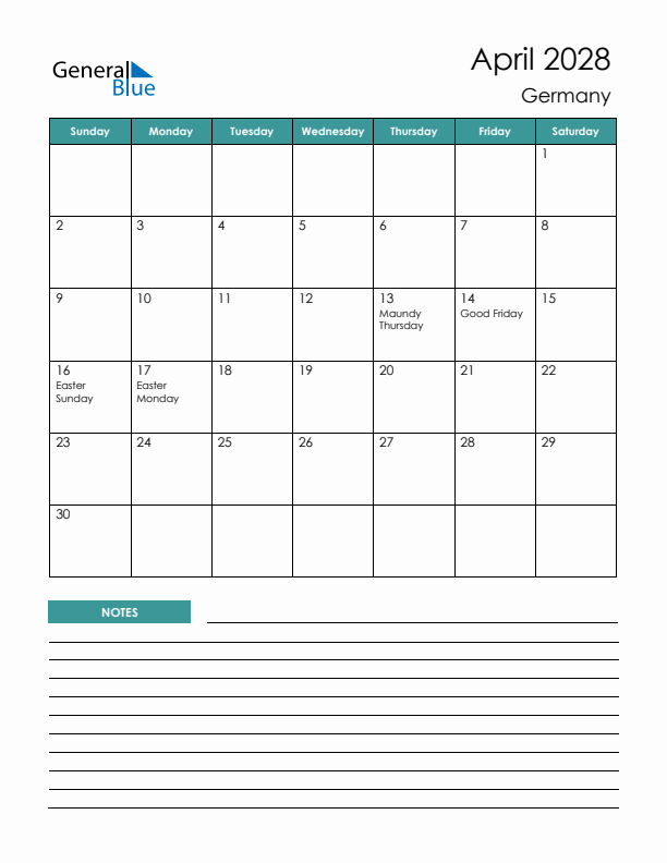 Calendar with Notes Printable - Sunday Start