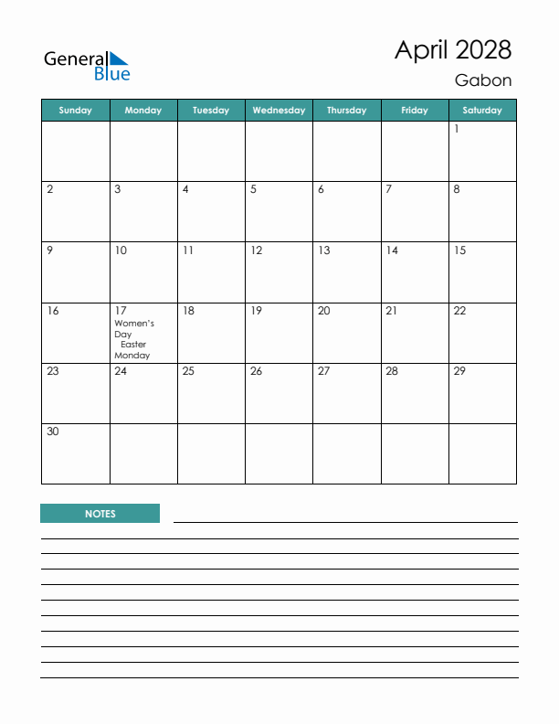 Calendar with Notes Printable - Sunday Start