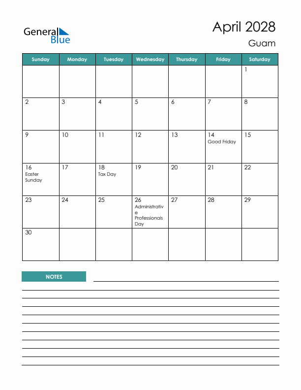 Calendar with Notes Printable - Sunday Start