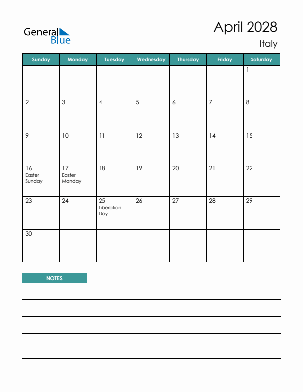 Calendar with Notes Printable - Sunday Start