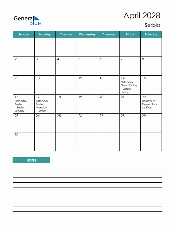 Calendar with Notes Printable - Sunday Start