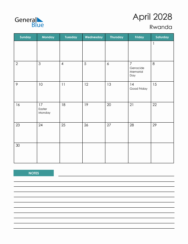 Calendar with Notes Printable - Sunday Start