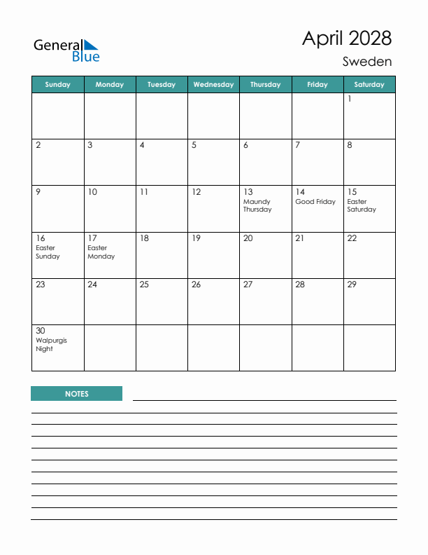 Calendar with Notes Printable - Sunday Start