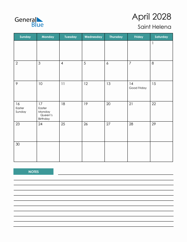 Calendar with Notes Printable - Sunday Start