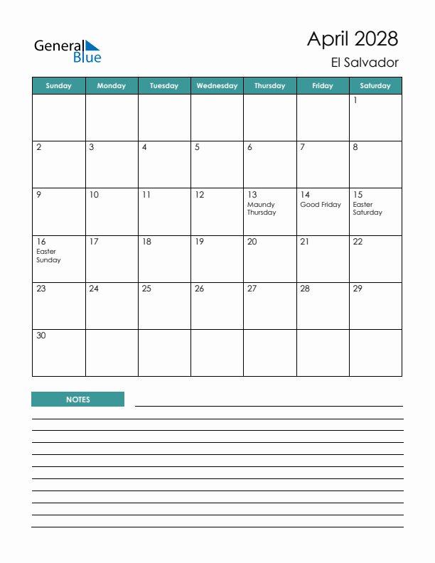 Calendar with Notes Printable - Sunday Start