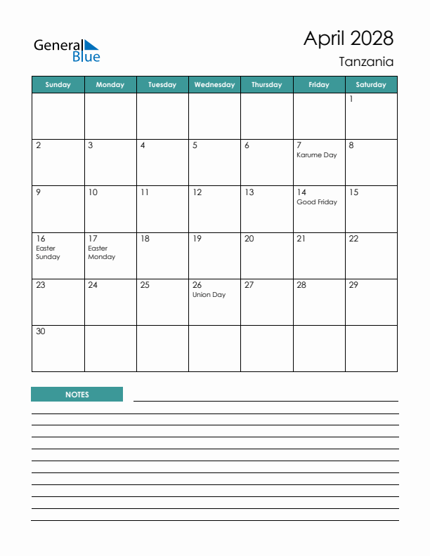 Calendar with Notes Printable - Sunday Start