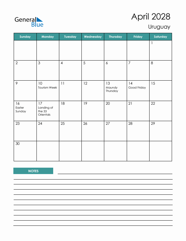 Calendar with Notes Printable - Sunday Start