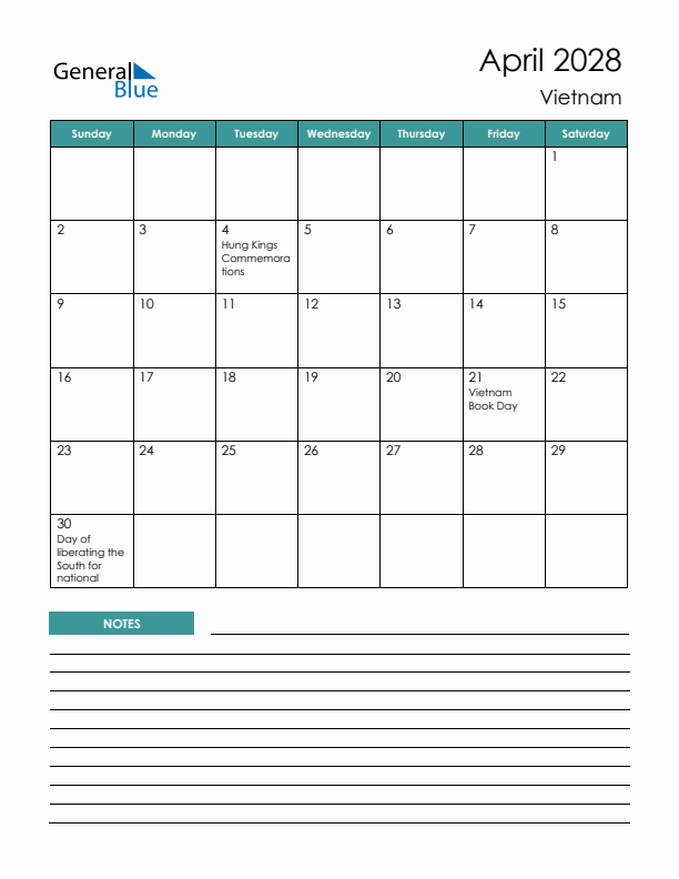 Calendar with Notes Printable - Sunday Start