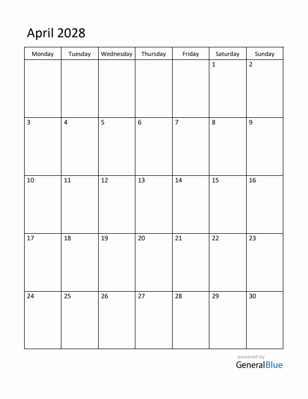 Monday Start Calendar for April 2028