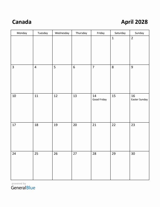 April 2028 Calendar with Canada Holidays