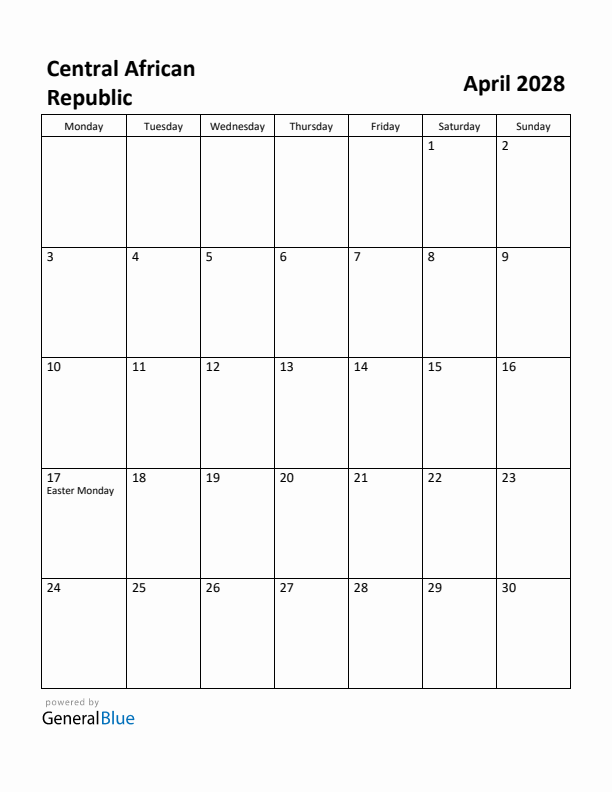 April 2028 Calendar with Central African Republic Holidays