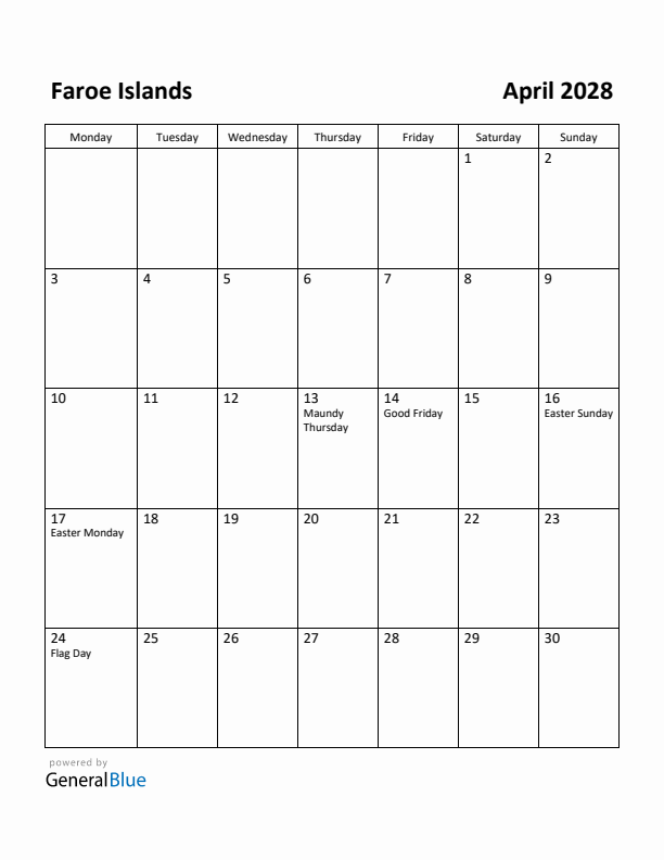 April 2028 Calendar with Faroe Islands Holidays