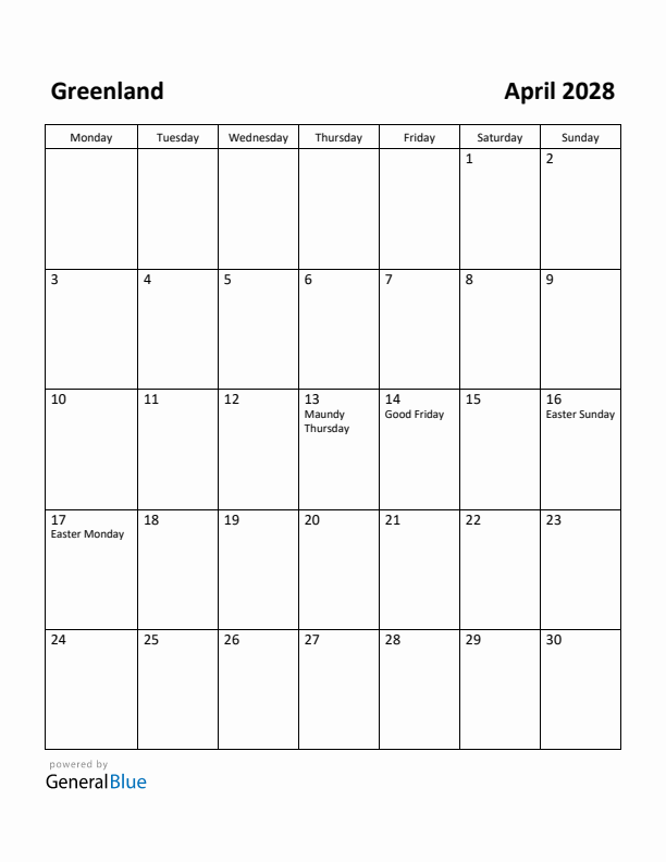 April 2028 Calendar with Greenland Holidays