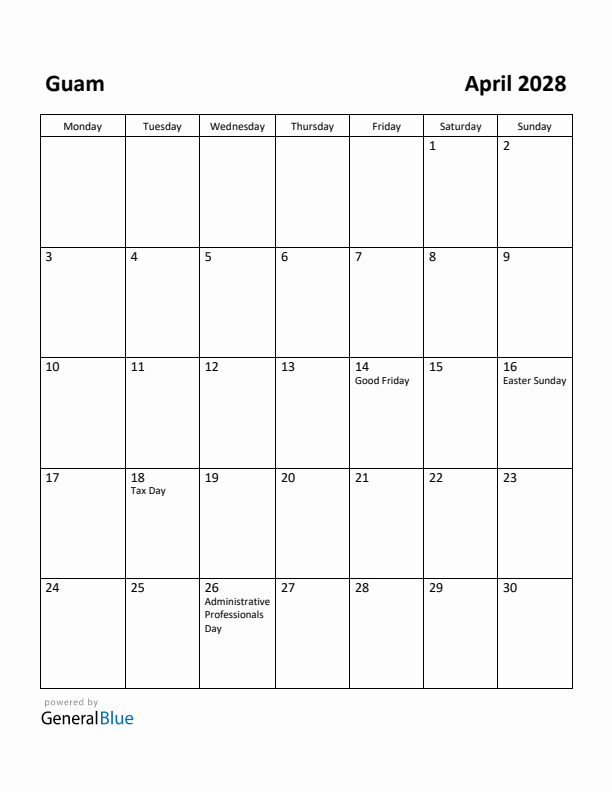 April 2028 Calendar with Guam Holidays