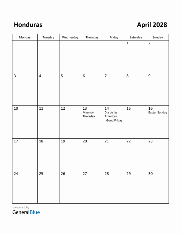 April 2028 Calendar with Honduras Holidays