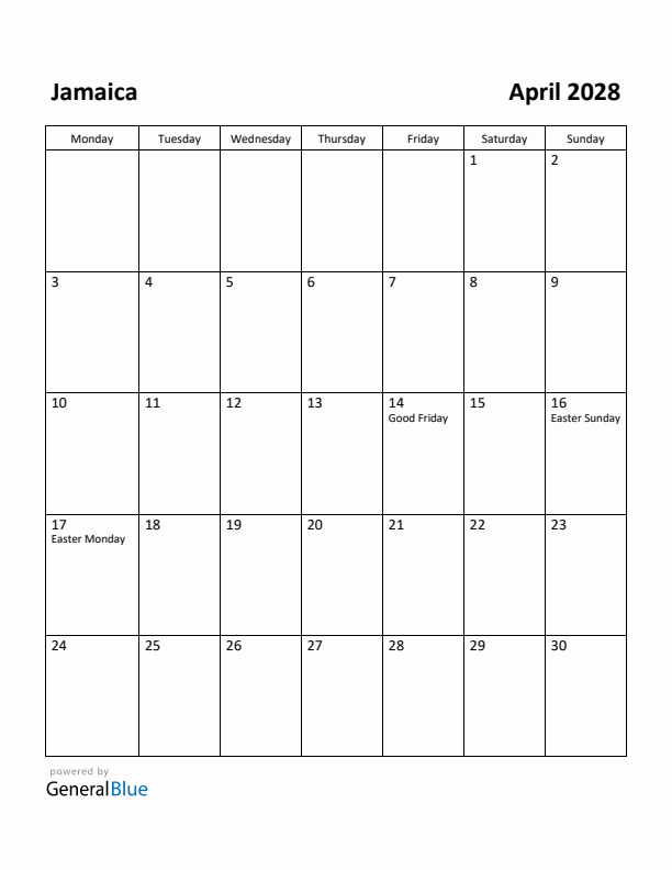 April 2028 Calendar with Jamaica Holidays