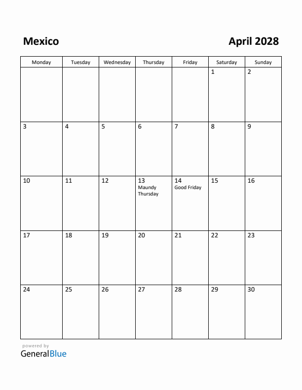 April 2028 Calendar with Mexico Holidays