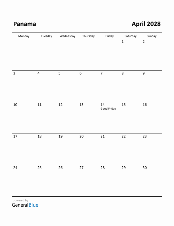 April 2028 Calendar with Panama Holidays