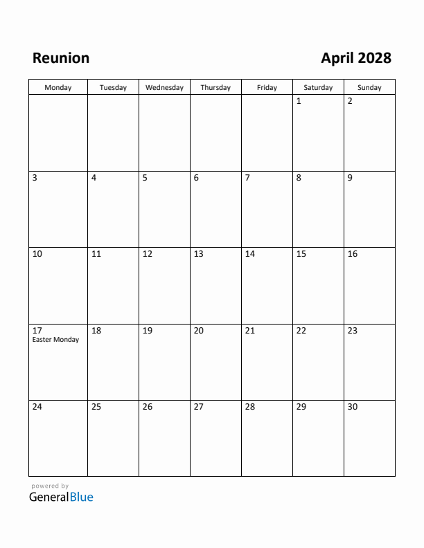 April 2028 Calendar with Reunion Holidays