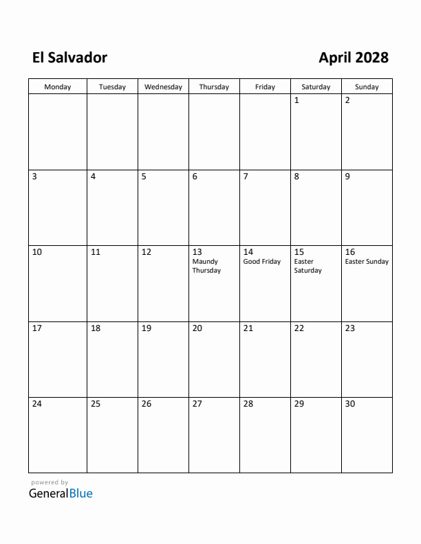 April 2028 Calendar with El Salvador Holidays