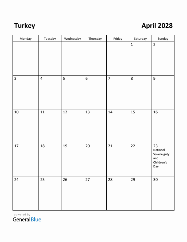 April 2028 Calendar with Turkey Holidays