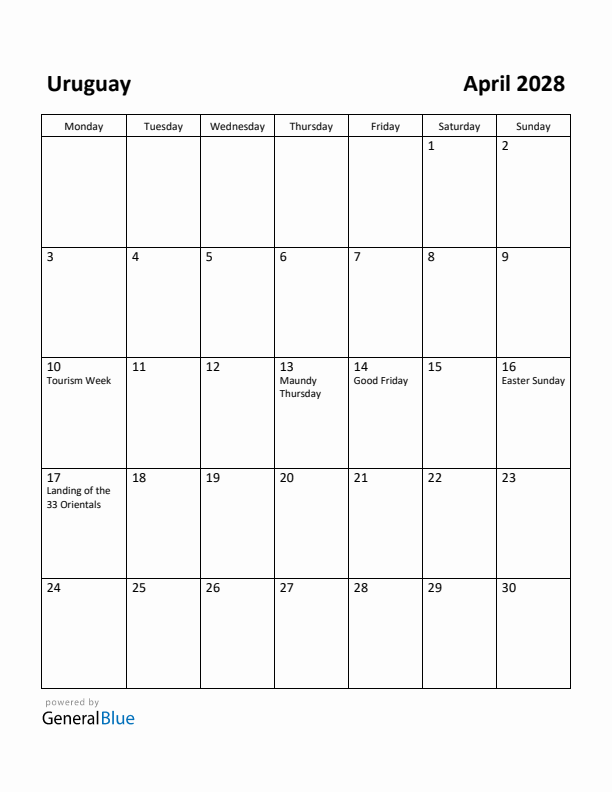 April 2028 Calendar with Uruguay Holidays