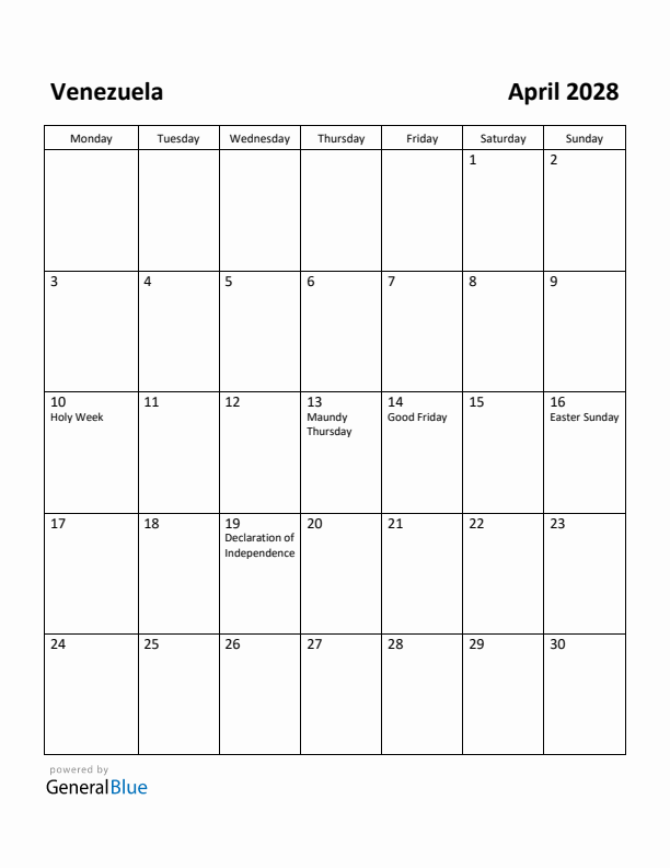 April 2028 Calendar with Venezuela Holidays