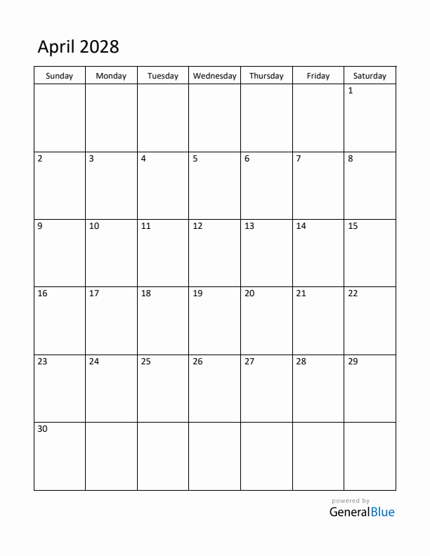 Sunday Start Calendar for April 2028