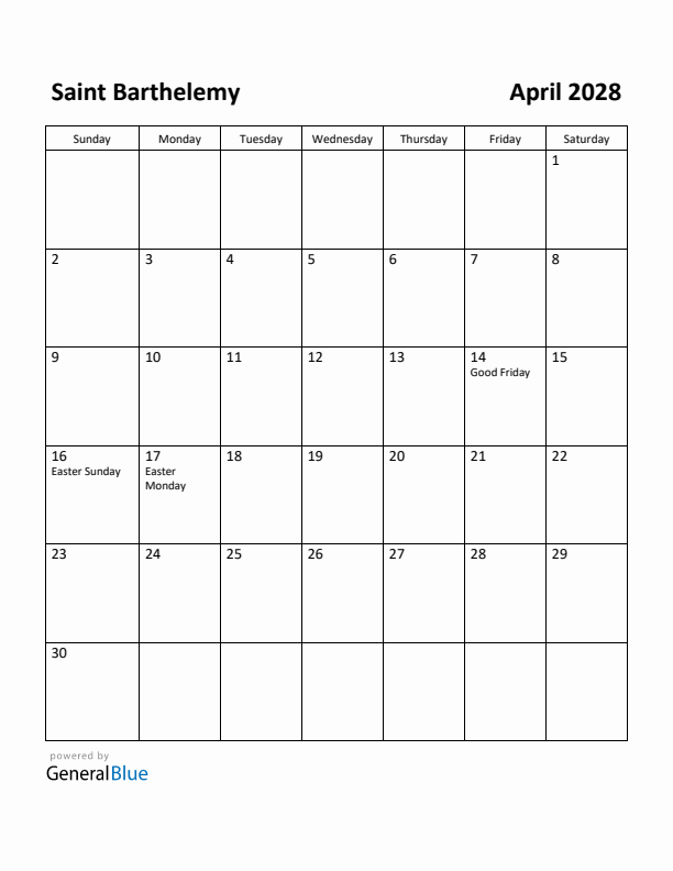 April 2028 Calendar with Saint Barthelemy Holidays