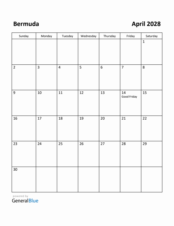 April 2028 Calendar with Bermuda Holidays