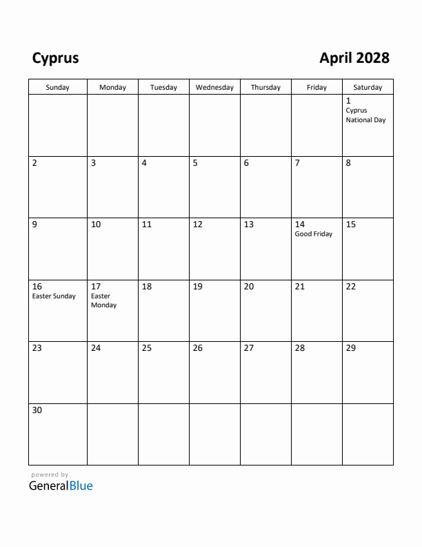 April 2028 Calendar with Cyprus Holidays