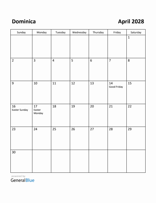 April 2028 Calendar with Dominica Holidays