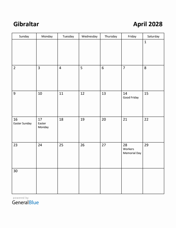 April 2028 Calendar with Gibraltar Holidays