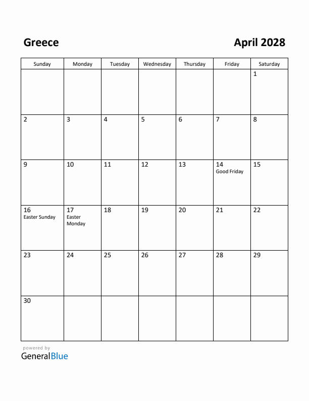 April 2028 Calendar with Greece Holidays