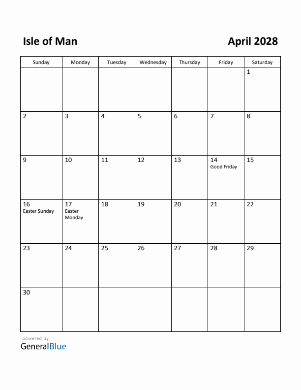 April 2028 Calendar with Isle of Man Holidays