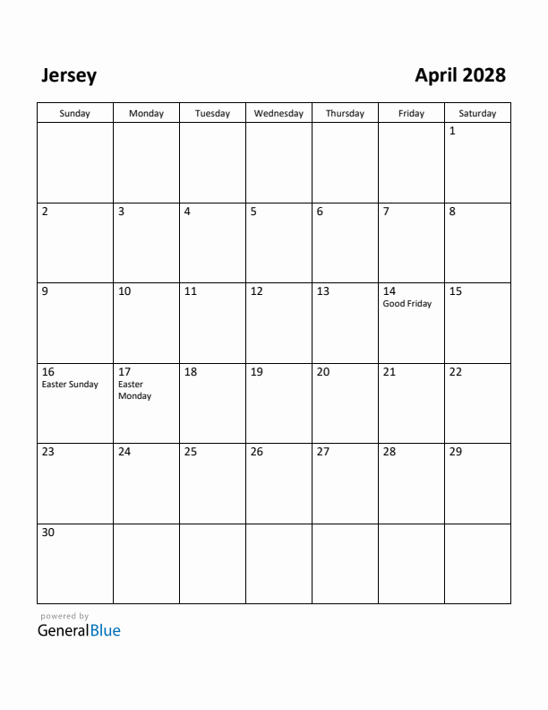 April 2028 Calendar with Jersey Holidays