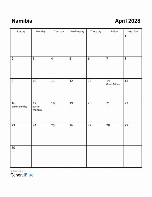 April 2028 Calendar with Namibia Holidays