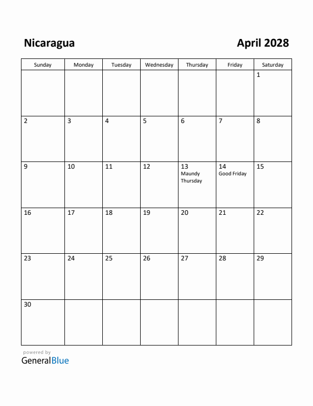 April 2028 Calendar with Nicaragua Holidays