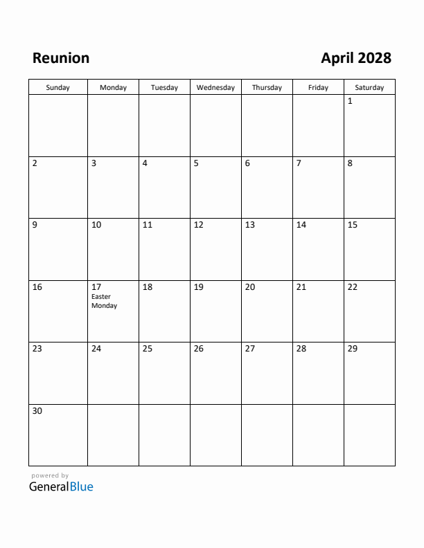 April 2028 Calendar with Reunion Holidays