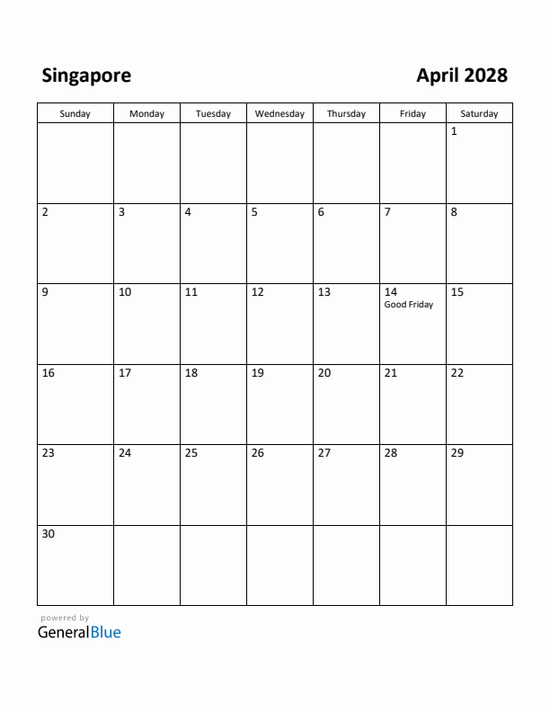 April 2028 Calendar with Singapore Holidays