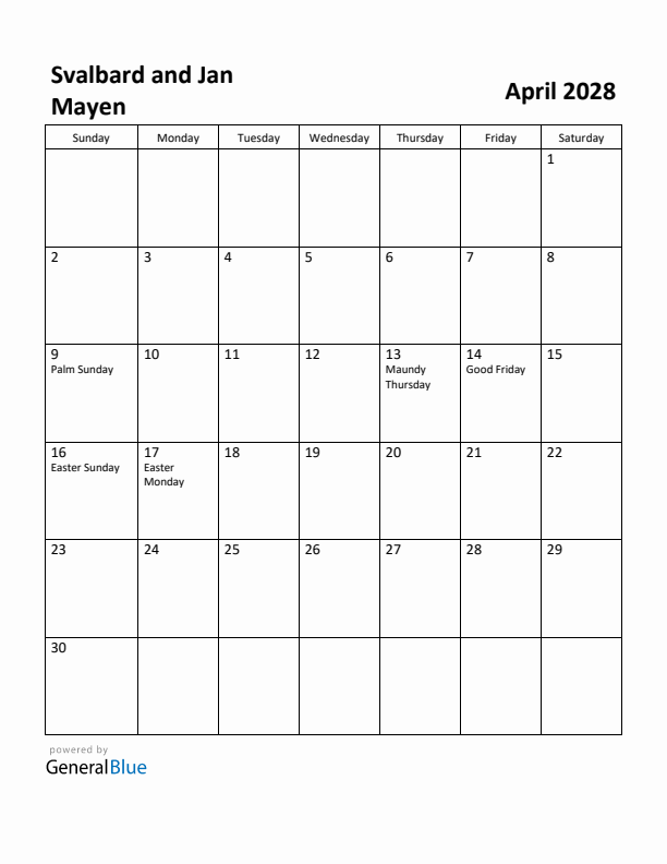 April 2028 Calendar with Svalbard and Jan Mayen Holidays