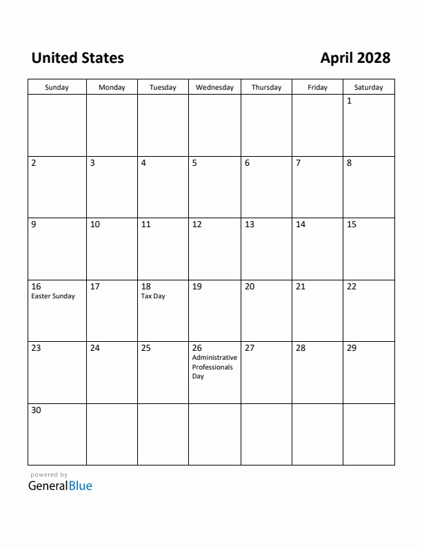 April 2028 Calendar with United States Holidays