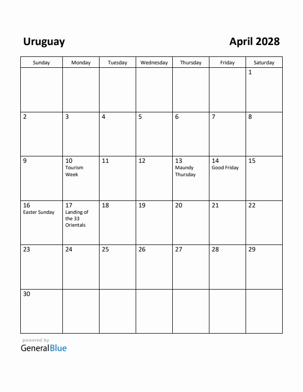 April 2028 Calendar with Uruguay Holidays